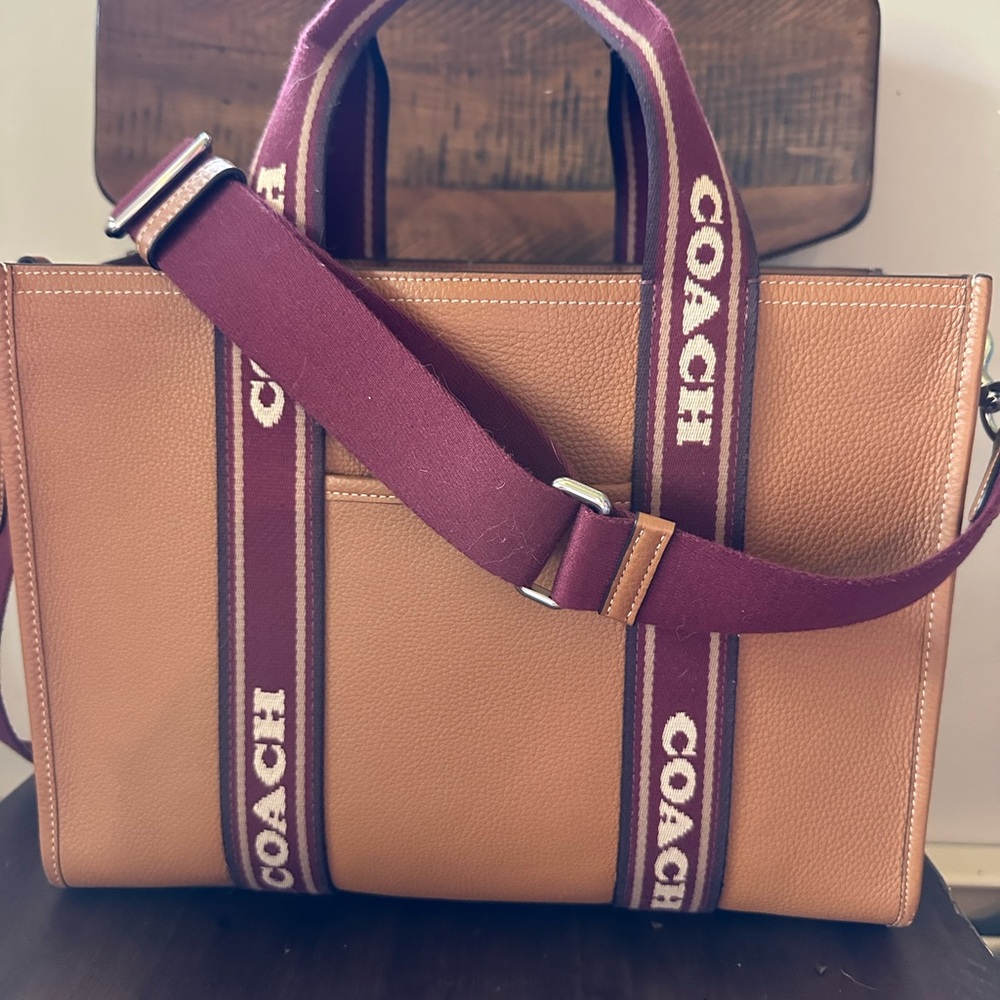 Coach Tan Leather Tote with Maroon Strap